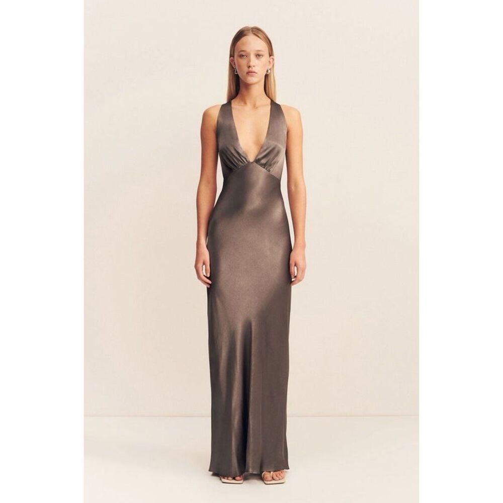 Shona Joy Anthropologie Bronze Satin Maxi Dress